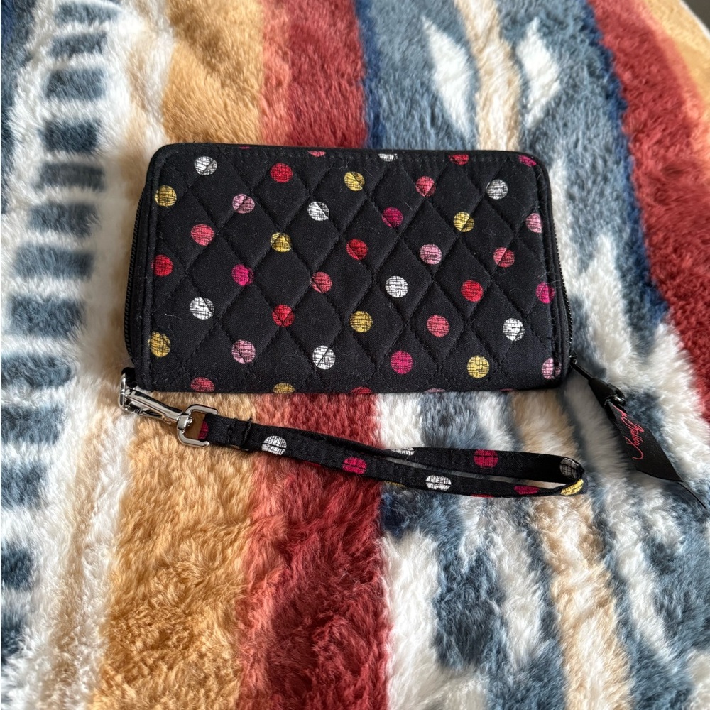 Vera Bradley Black Quilted Wristlet with Multicolor Dots